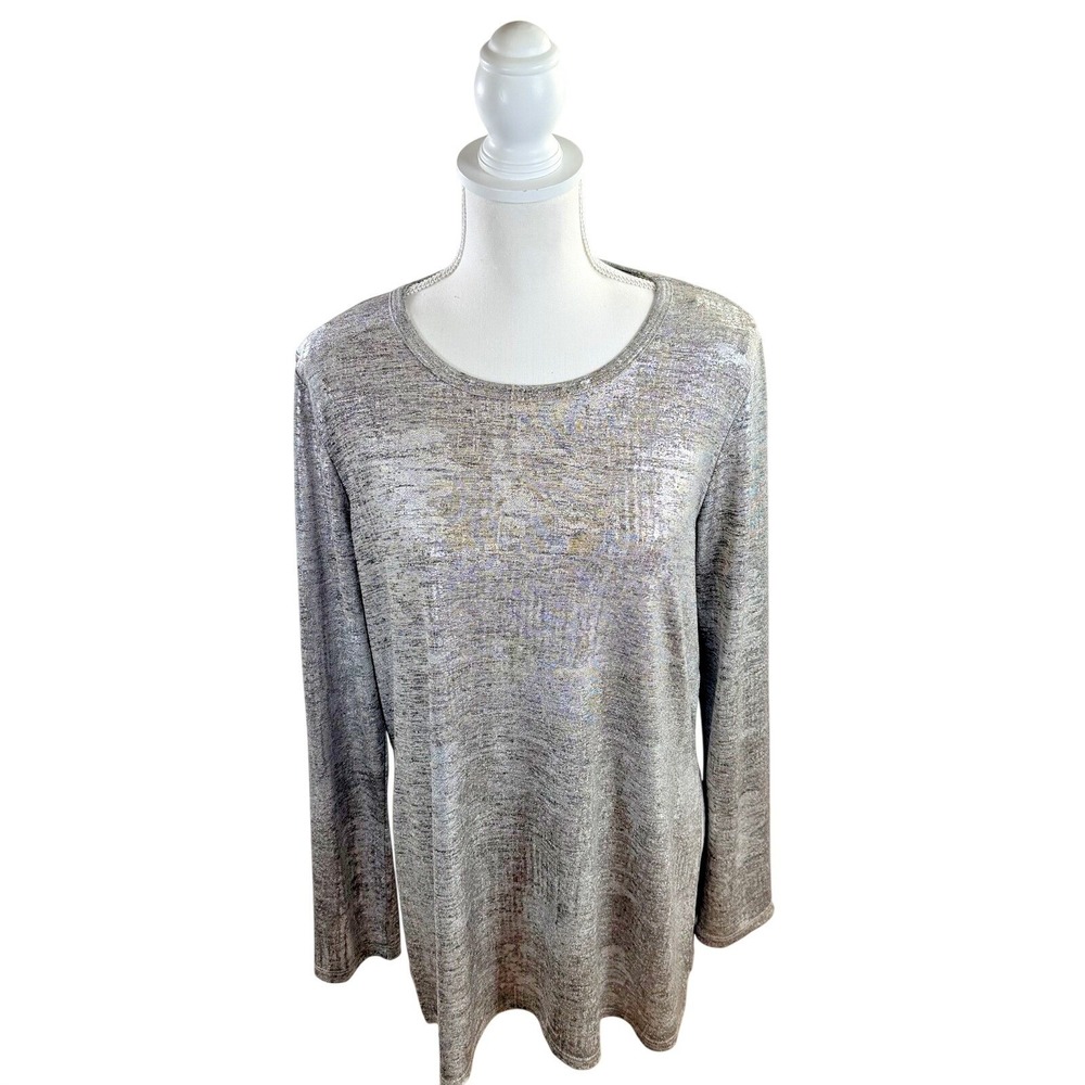 KAREN KANE Stretchy Silver Metallic Rayon Tunic Top Side Slit long sleeves XL